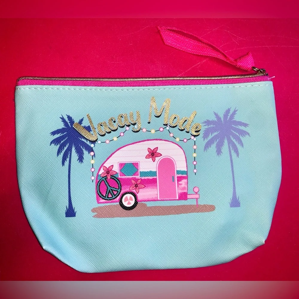 Vacay Mode Cosmetic Pouch Pink Aqua MakeUp Beauty Lipgloss Mirror IPhone Parfume